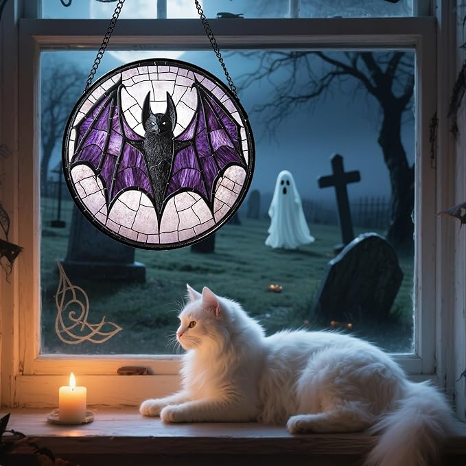 Stained Glass Window Hanging - Halloween Black Bat Purple Wings Monster Suncatcher for Doors Garden Home Spooky Sun Catchers Gothic Decor Horror Gift for Women Men Friend Boy Girl 6.3 in