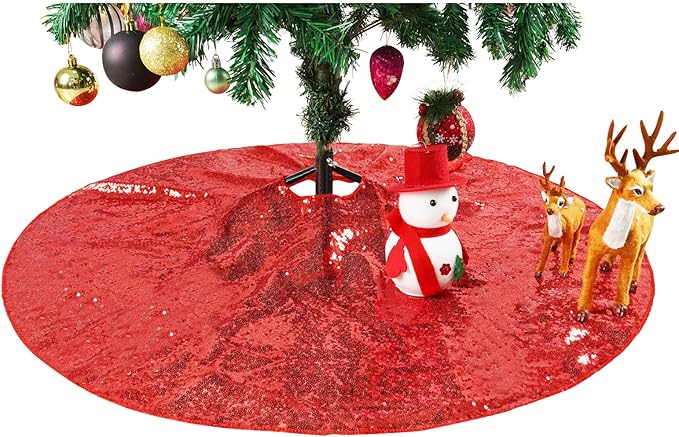 Eternal Beauty Christmas Tree Skirt, 36 Inch Red Sequin Tree Skirt Small Xmas Tree Skirt for Christmas Tree Decorations