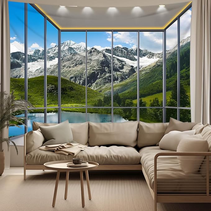 dueeia Window Tapestry Wall Hanging Mountain Forest Lake Nature Landscape Wall Tapestries for Bedroom Office Living Room Wall Decor (59.1"x39.4")