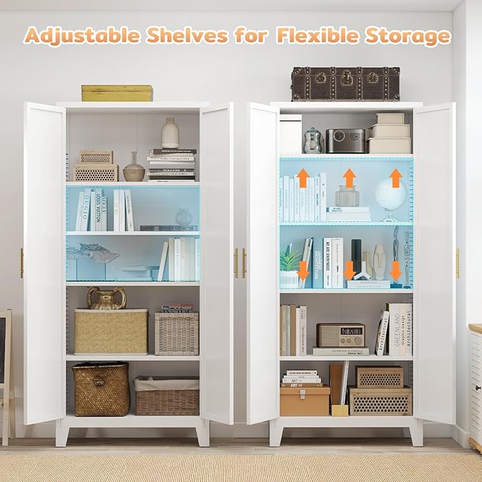 70.87" H Metal Kitchen Pantry Cabinet, Freestanding Cupboard with 2 Doors and 4 Adjustable Shelves, Tall Metal Storage Cabinet for Kitchen, Bathroom, Dinning Room or Laundry Room (White)