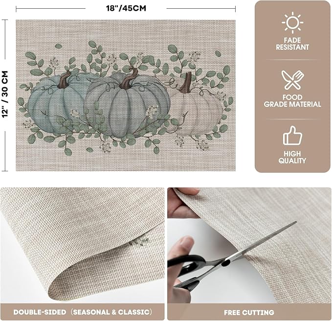 Artoid Mode Pumpkin Leaves Fall Vinyl Placemats Set of 4, Wipeable Woven PVC Table Mats for Thanksgiving Farmhouse Holiday Party Kitchen Dining Decor
