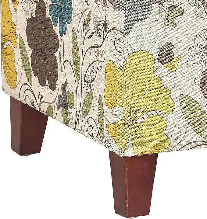 Adeco 18 Inch High Cube Ottoman Storage, Floral Printed Linen Chair Foot Stools, Upholstered Vanity Stool with Hinged Lid, Solid Wood Legs