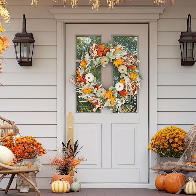 GENMOUS 24inch Fall Wreaths for Front Door, Maple Leaves Autumn Wreath Eucalyptus Berries Pumpkins Lamb Ears Leaves, Porch Wall, Home Outdoor Indoor Thanksgiving Halloween Harvest Holiday Fall Decor