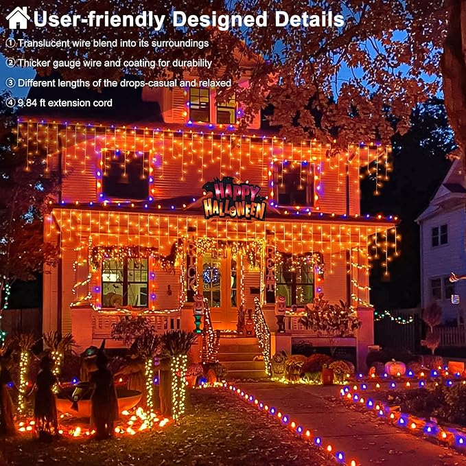 66ft Orange Halloween Lights Outdoor, 640LED Icicle Lights for Outside Indoor Twinkle Christmas Light with Connectable Clear Wire 8 Modes Timer Waterproof for House Party Tree Holiday Yard Patio Decor