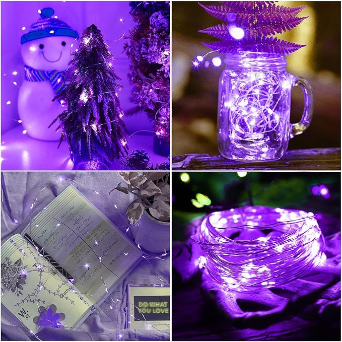 Halloween Christmas Decorations Purple Fairy String Lights Indoor, Battery Operated with Timer, 2Pack Total 33FT 100 Led Mini Battery Powered Twinkle Mason Jar Waterproof Firefly Lights DIY Party