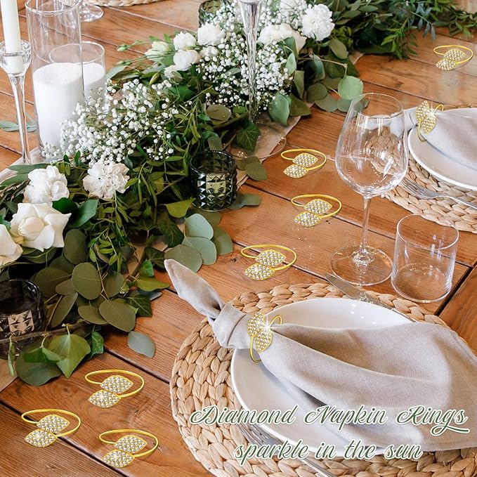 Hotop 100 Pcs Napkin Rings Gold Table Decorations, Elegant Bling Leaves Napkin Rings, Rhinestone Guest Towels Buckle for Wedding Gold Party, Dinner Banquet Table Decoration