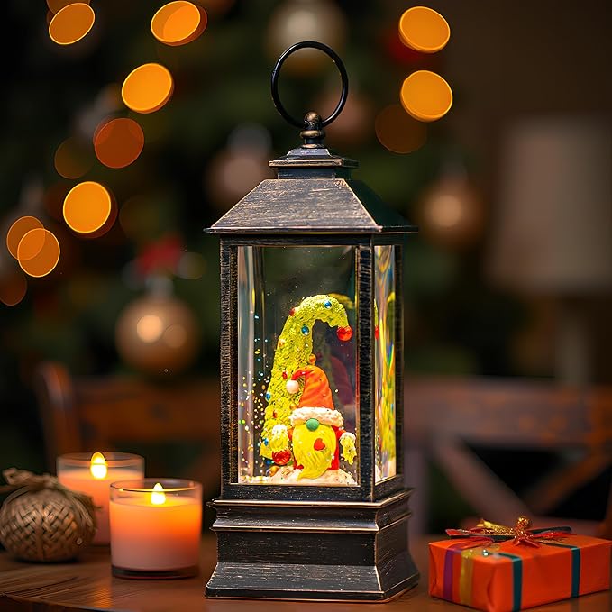 10'' Christmas Gnomes Snow Globe Lantern Lighted Santa Elf Musical Water Lantern Swirling Glittering Home Decoration and Gift, Battery Operated or USB Powered