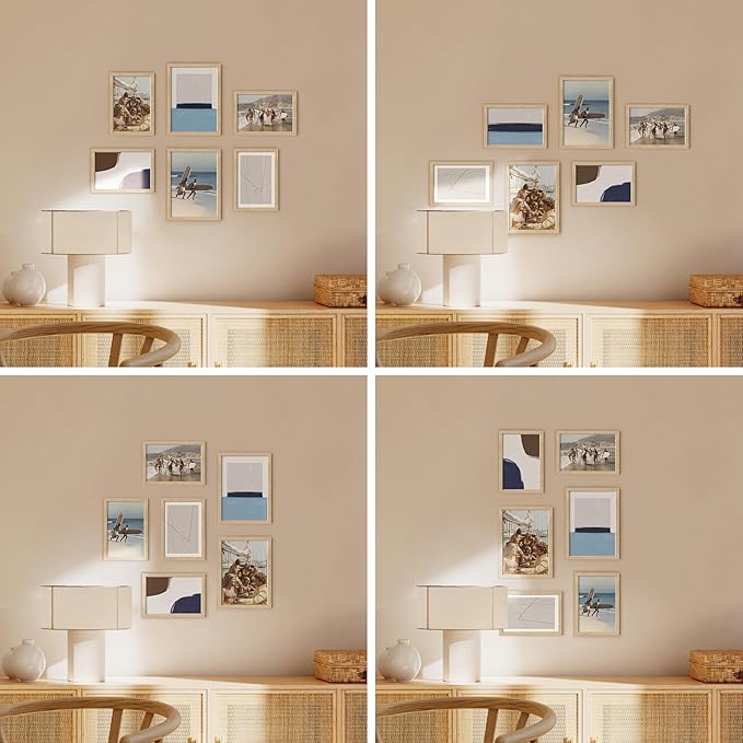 HAUS AND HUES Natural Oak Wood Gallery Wall Tabletop Frames Made with Real American Oak and Shatter-free Plexiglass - Set of 6 (Four 4x6, Two 5x7, Framed Beige)