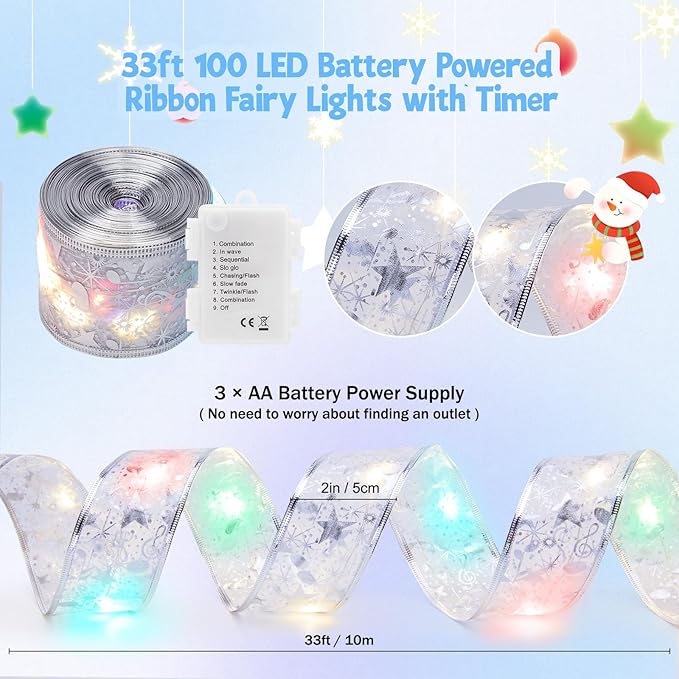 2 Pack Christmas Tree Ribbon String Lights - 33ft 100 LED Battery Powered Fairy Lights with Timer and 8 Lighting Modes, Ribbon Bows Light for 6ft - 8ft Christmas Tree Decor, Silver Ribbon, Multi-color