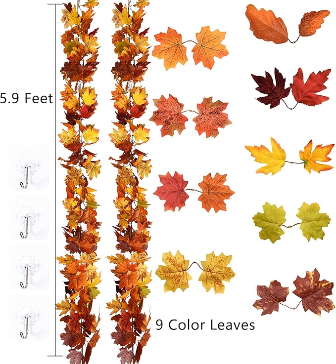 2 Pack Fall Maple Garland - 5.9ft/Piece Artificial Maple Leaf Garland Autumn Hanging Fall Leave Vines for Indoor Outdoor Wedding Thanksgiving Dinner Party Decor