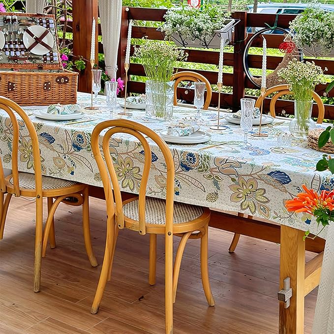 Boho Rectangle Outdoor Tablecloth, Waterproof Spill-Proof Table Cloth, Linen Polyester Floral Decorative Fabric Table Cover for Outdoor, Easter, Party, Dining - 84''x60''