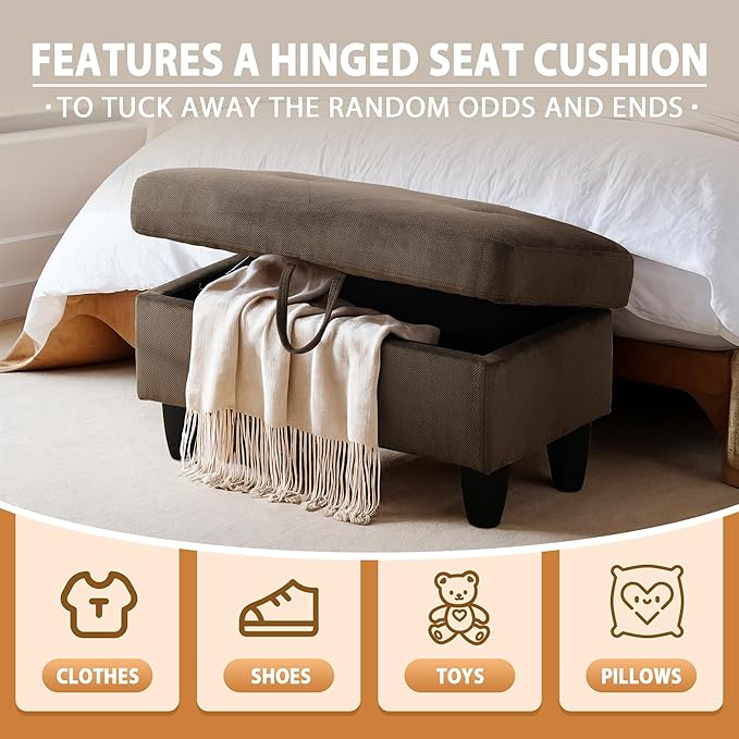 Ottoman Rectangular Storage Ottoman Bench, Flannel Footrest Stool Footstool with Lid for Living Room, Bedroom, Entryway, Dark Brown, 28.5"x19"x17.5"