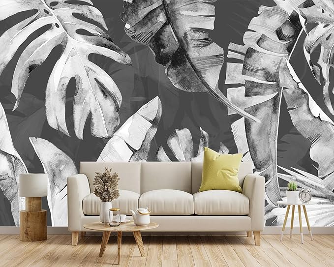 '-Tropical Botanical Grey Banana Leaf Fabric Wallpaper Living Room Bedroom Bathroom Plant Large Wall Mural- 137"x96"( not Peel and Stick)