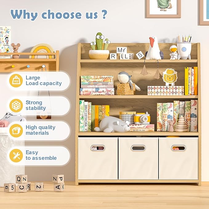 Kids Bookshelf and Toy Organizer, Wooden Kids Bookcase, Toddler Montessori Bookshelf with 3 Movable Drawers, Toy Storage Organizer for Kids Room, Living Room, Nursery