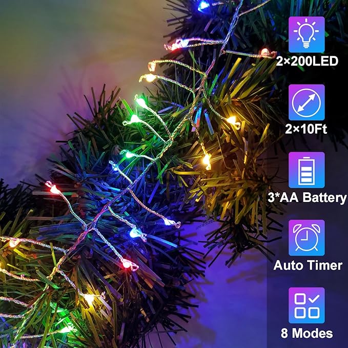 2 Pack Cluster Fairy Lights Battery Operated, Total 20Ft 400LED Christmas String Lights with Timer 8 Modes Twinkle Firecracker Fairy Lights for Garlands Tree Wedding Outdoor Decor (Multicolor)
