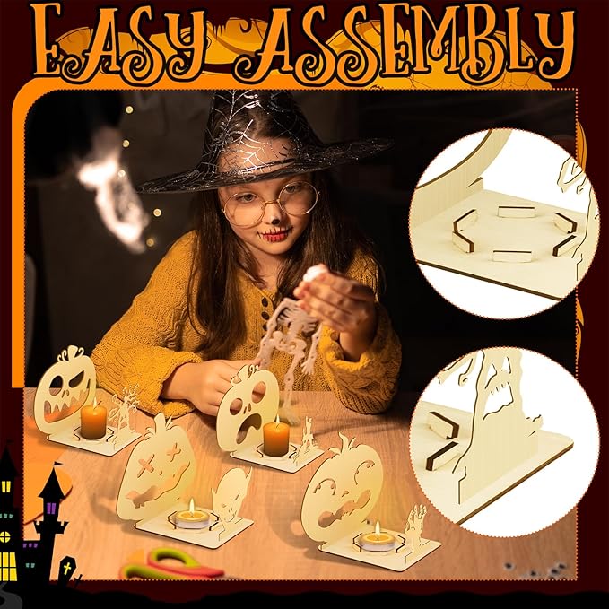 10 Pcs Halloween Wooden Candle Holders Tealight Candle Holder Props Pumpkin Shaped Wooden Holder for Halloween Party Decorative Items