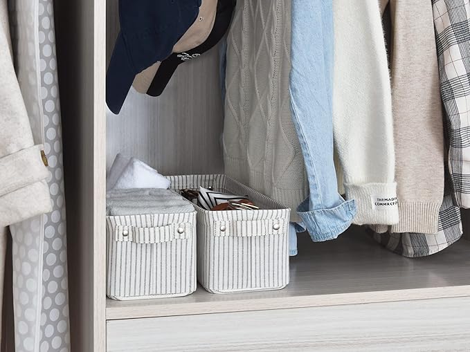 StorageWorks Narrow Storage Bins, Small Basket for Closet and Shelves, Fabric Organizer with Handles, Toilet Paper Storage, Gray and White Stripes, 2-Pack