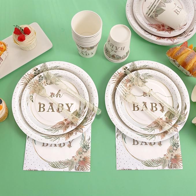 140 Pcs Boho Baby Shower Decorations for Girl, Baby Shower Plates and Cups and Napkins Sets, Oh Baby Plates for Western Sweet Baby Girl, Summer Fall Neutral, Serves 20