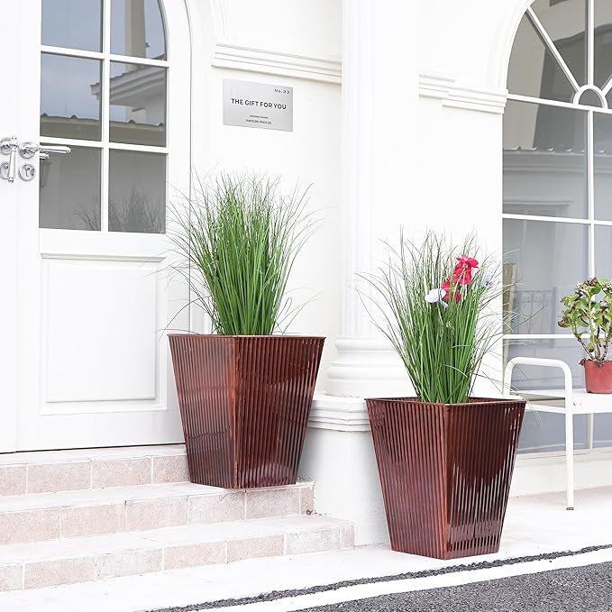 18in Vintage Handmade Metal Vertical Lines Copper Tapered Planters Set of 2, Galvanized Steel Planter Box with Drainage Hole for Indoor/Outdoor/Porch/Garden