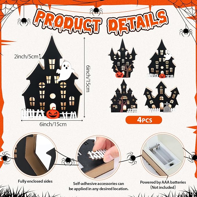 Bucherry 4 Pack Halloween Table Haunted House Decor Lighted Wooden Village Ghost House 3D Tabletop Decorations for Halloween Indoor Home Kitchen Desk Gift(Classic Style)