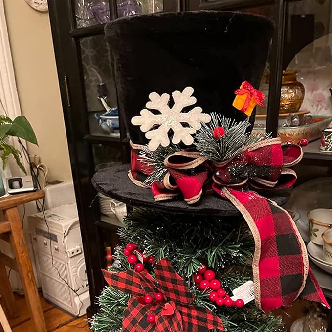 yofit Christmas Tree Topper Hat, Black Velvet Hat with Red Buffalo Plaid Bow Red Berry Snowflake, Christmas Tree Decorations Top Hat, Desktop Ornaments for Home Holiday Winter Decor