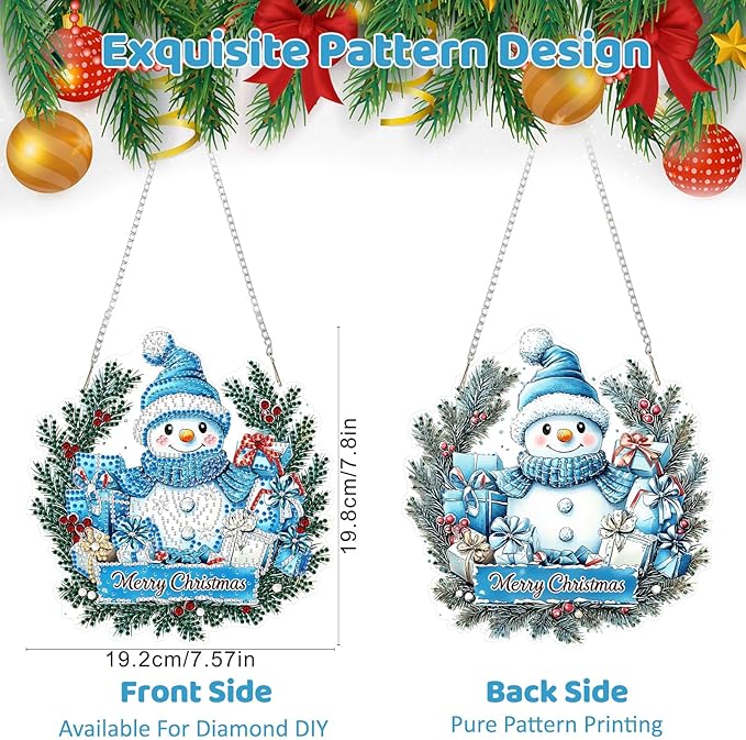 MEIYUDA Christmas Hanging Diamond Art Kits for Adult, Snowman Wreath Diamond Painting Hanging Kits Ornaments, DIY Special Shaped Rhinestone Window Pendants kit for Home Garden Wall Decor Gift