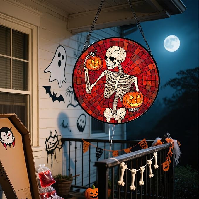 Stained Glass Window Hanging - Halloween Decorations Skeleton Pumpkin Suncatcher for Doors Garden Indoor Spooky Funny Sun Catchers Gothic Decor Horror Gifts for Women Men Friend 15 in