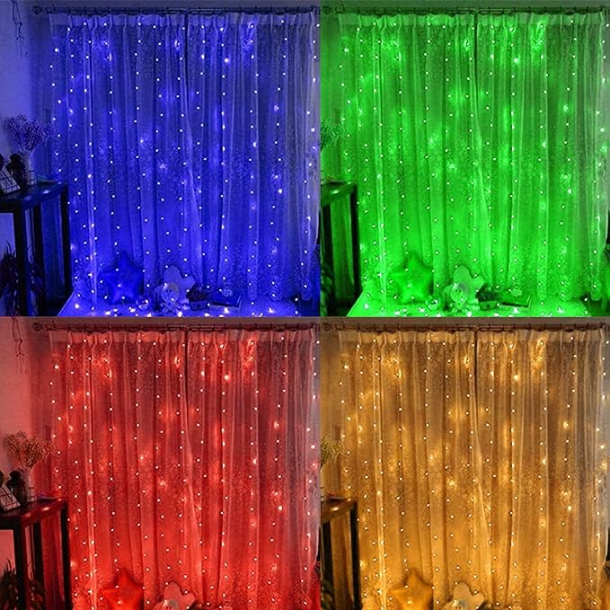 FUNPENY Window Curtain String Lights, 300 LED 8 Lighting Modes Fairy Lights USB Powered, Waterproof Lights for Christmas Bedroom Party Wedding Home Garden Wall Decorations (RGB Color Changing)