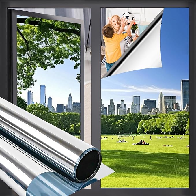 Niviy One Way Privacy Window Film See Out Not in Window Tint for Home Heat Blocking Anti UV Glass Door Mirror Reflective Window Film for Home Office (Silver 35.4" x 118")