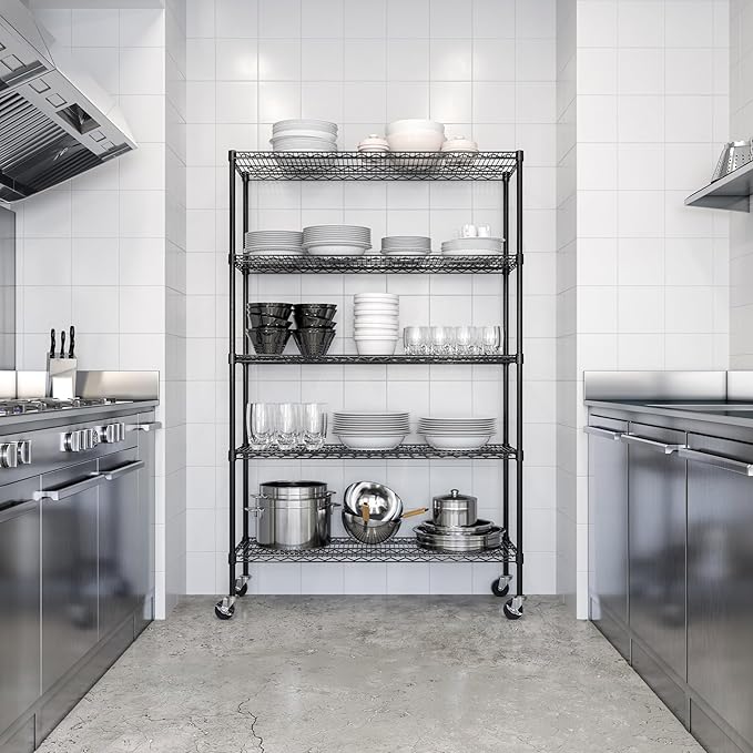 Seville Classics UltraDurable Heavy Duty NSF Solid Steel Wire Rack Storage Unit, Organizer for Garage, Warehouse, Office, Restaurant, Classroom, Kitchen, Black, 5-Tier Shelving, 48" W x 18" D