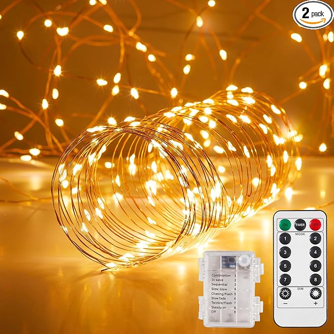 2 Pack 65.6 Ft. Battery Operated Outdoor String Lights with Remote & Timer, LED Warm White Fairy Lights, Waterproof Twinkle Lights for Bedroom, Dorm, Mason Jar, Wedding, Party, Christmas