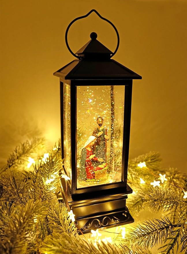 Eldnacele Musical Snow Globe Lantern Lighted Lamp USB Lined in Swirling Glitter Water Lantern Lamp Christmas Nativity Decoration Hurrican Light Timer 12" (Nativity)