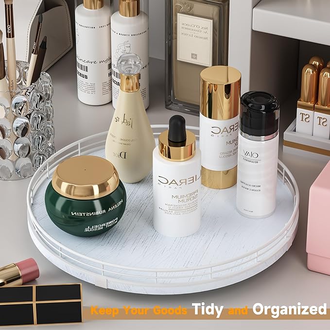 13" Oak Bathroom Vanity Tray Turntable for Perfume Candle, Round Wooden Decorative Tray for Kitchen Sink Countertop Organizer, Bathroom Counter Organizer for Skincare Makeup, Rustic White