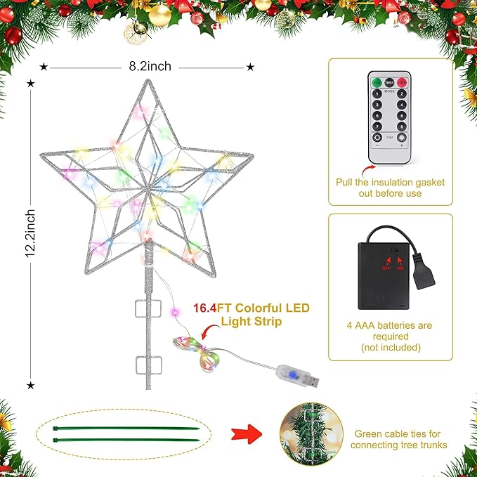 Christmas Tree Topper,50 LED Lighted Sparkling Star Tree Toppers Christmas Decorations,8 Lighting Modes Silver Star Xmas Decoration With Remote Control And Extra Battery Box,Glitter Christmas Ornament