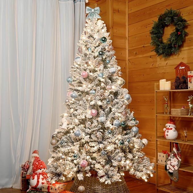 8 ft Flocked Snow Frosted Artificial Christmas Tree with 700 UL Lights & Pine Cones, 1754 Tips, Auto Hinged Easy Setup Full Prelighted