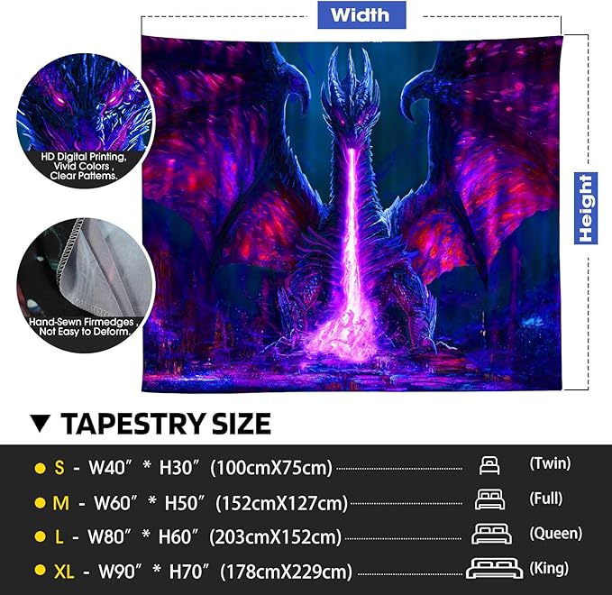 ADDWel Blacklight Dragon Tapestry, Cool Evil-Dragon Tapestry Glow In The Dark, UV Reactive Black Light Posters Wall Hanging for Bedroom Dorm Living Room Backdrop Decor