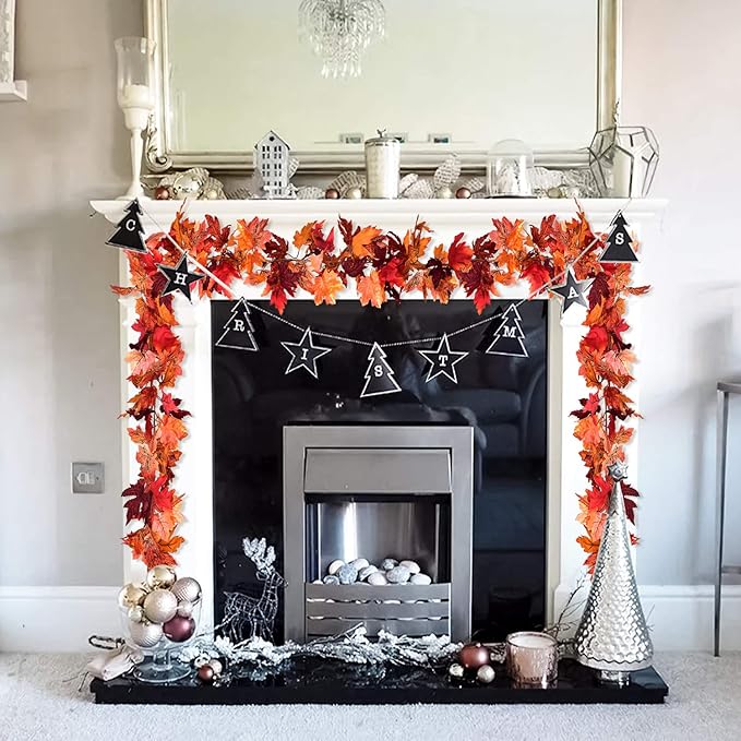 2 Pack Fall Maple Leaf Garland Artificial Maple Garland, Autumn Hanging Fall Leave Vines for Indoor Outdoor Wedding Thanksgiving Dinner Party Decor