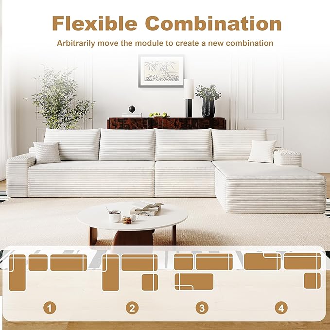 136" Sectional Couches for Living Room Modern Modular Sofa with L-Shape Couchs Upholstered Boneless Couch Deep Seat Sectional Couch with Chaise (White, Right Facing Chaise+3Seaters)