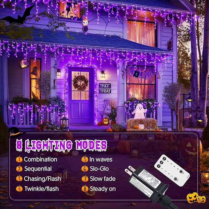 JMEXSUSS Purple Halloween Lights Outdoor, 800 LED Purple Icicle Lights Outdoor Waterproof, 8 Modes String Light Plug in for Fireplace Tree Garden Patio Halloween Decor