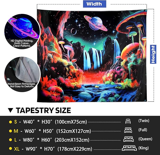 ADDWel Blacklight Mushroom Planet Tapestry, Black Fantastic Tapestry Glow In The Dark, UV Reactive Black Light Posters Wall Hanging for Bedroom Dorm Living Room Backdrop Decor