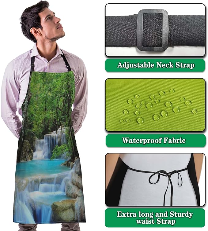 Kitchen Apron for Men Waterfalls Forest Creek Landscape Trees Cooking Aprons for Women for Cooking Restaurant BBQ Painting Crafting Gardening 27” (W) x 31” (H), Waterproof Aprons