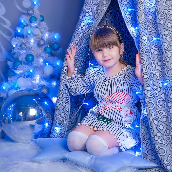132FT 400 LED Blue String Lights Indoor, 8 Modes Clear Wire Blue Christmas Lights Outdoor Indoor, Plug in Waterproof Fairy String Lights for Christmas Bedroom Tree Decorations