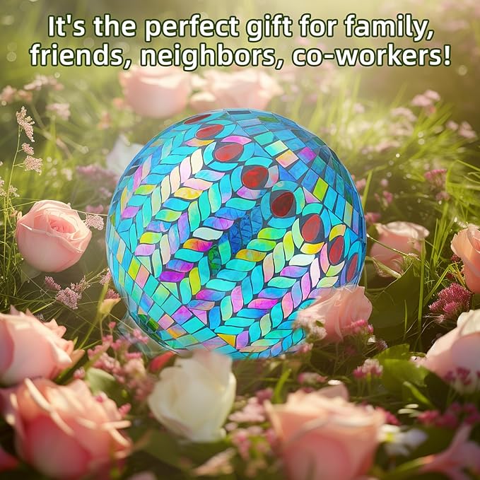 VOREEN Mosaic Glass Gazing Ball Outdoor Gazing Globe, Reflective Ball Yard Decoration for Homes, Patio, Lawn and Gardens, Gift for Mom Wife Friend, 10-Inch, Blue
