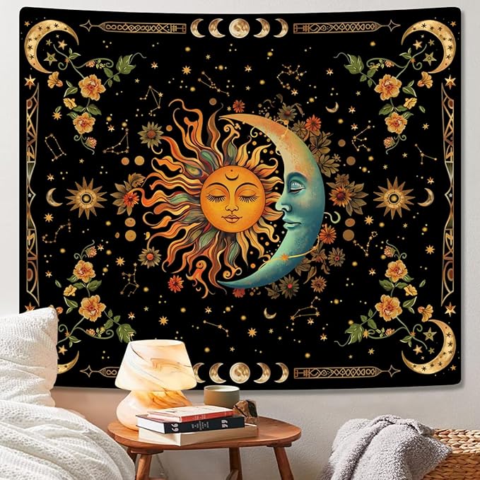ARTCREATOR Sun and Moon Tapestry Astrology Space Wall Hanging Boho Hippie Floral Plant Tapestries Aesthetic Vintage Mandala Flower Decor for Living Room Bedroom (59" x 78")