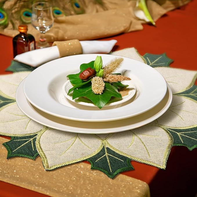 6 Pcs Holiday Christmas Embroidered Placemats Double Layer Applique Poinsettia Christmas Flower Placemat for Dining Holiday Table Decoration (Elegant Style, 14 x 14 Inch)