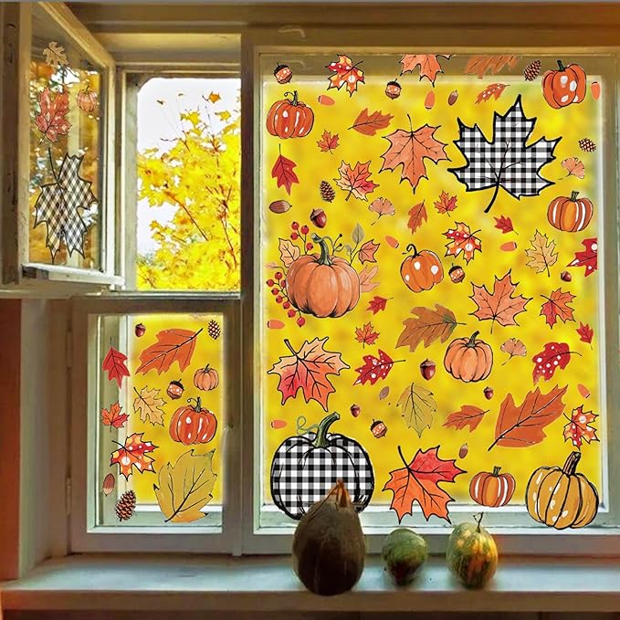 8 Sheets Fall Decorations, 178 Pcs Fall Window Clings, Double Sided Autumn Stickers with Maple Leaves Pumpkin Nuts Pine Cones for Party Thanksgiving Decor Indoor Outdoor Accessories