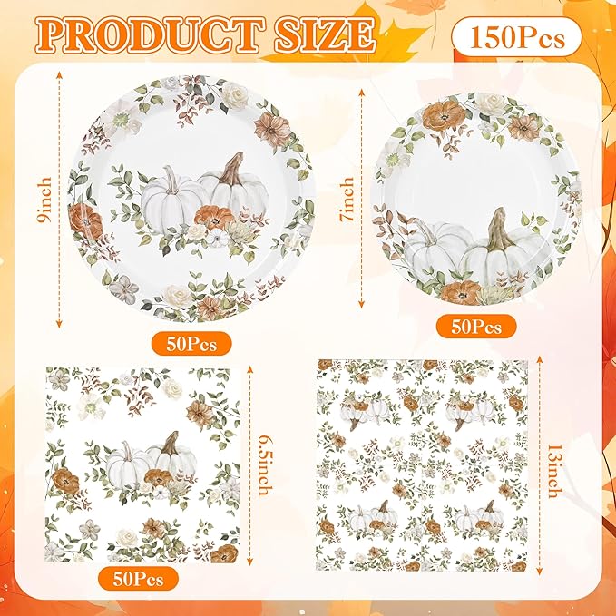 150Pcs Fall Paper Plates and Napkins Party Supplies Autumn Thanksgiving Disposable Plates Napkin White Pumpkin Plates Tableware Set for Fall Decor Thanksgiving Party Supplies,Serve 50 Guests