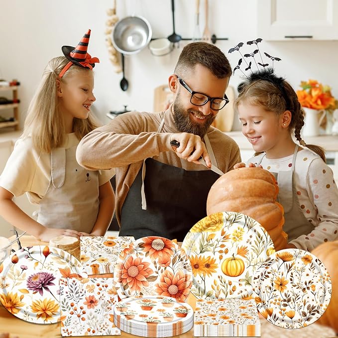 Fall Party Supplies - 60Pcs Autumn Thanksgiving Plates and Napkins Pumpkin Maple Leaf Table Decorations for Fall Birthday,Thanksgiving Party