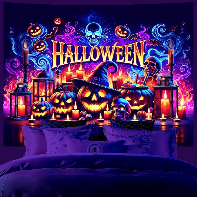 AOHMPT Glow-in-the-Dark Halloween Tapestry - UV Reactive Black Light Wall Hanging Decor for Spooky Parties, Bedroom, Living Room (Pumpkin, 79L x 59W, Unframed)