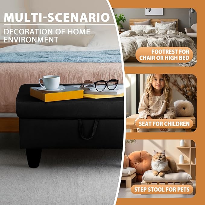 Ottoman Rectangular Storage Ottoman Bench, Flannel Footrest Stool Footstool with Lid for Living Room, Bedroom, Entryway, Black, 28.5"x19"x17.5"